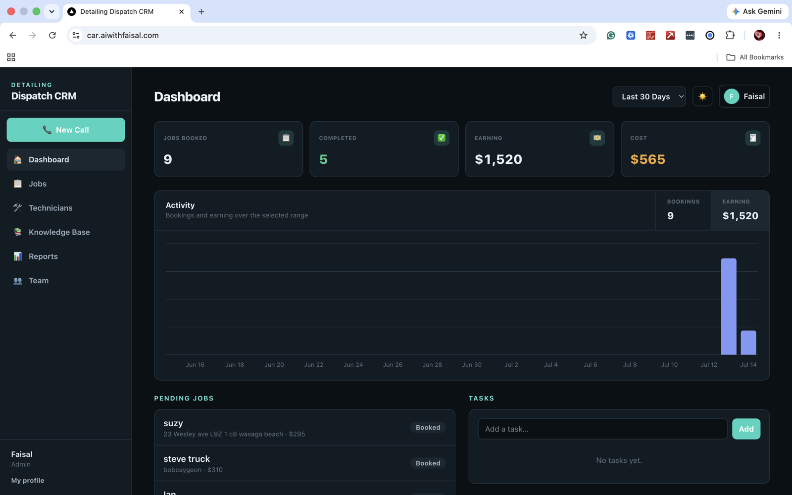 Dashboard — bookings, earnings, and activity chart