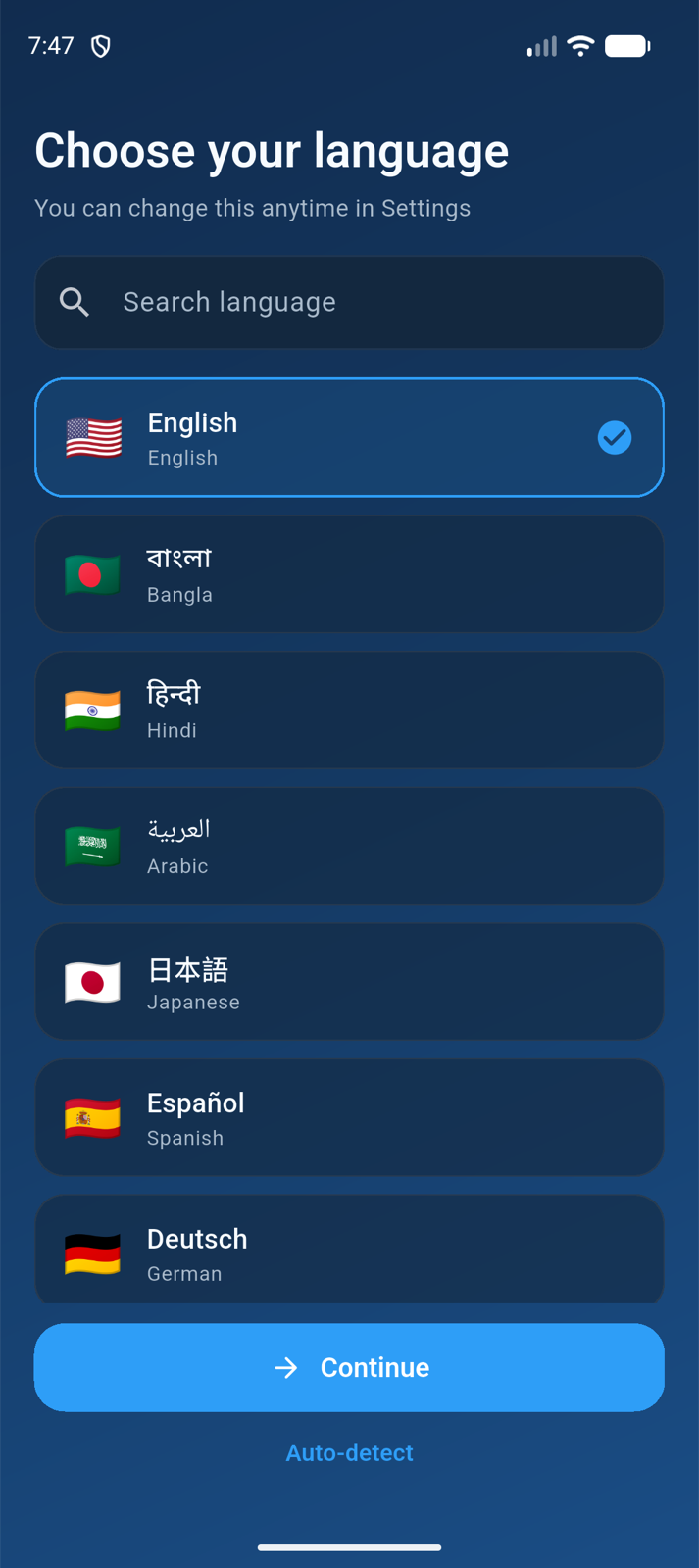 Language selection — 15 supported languages
