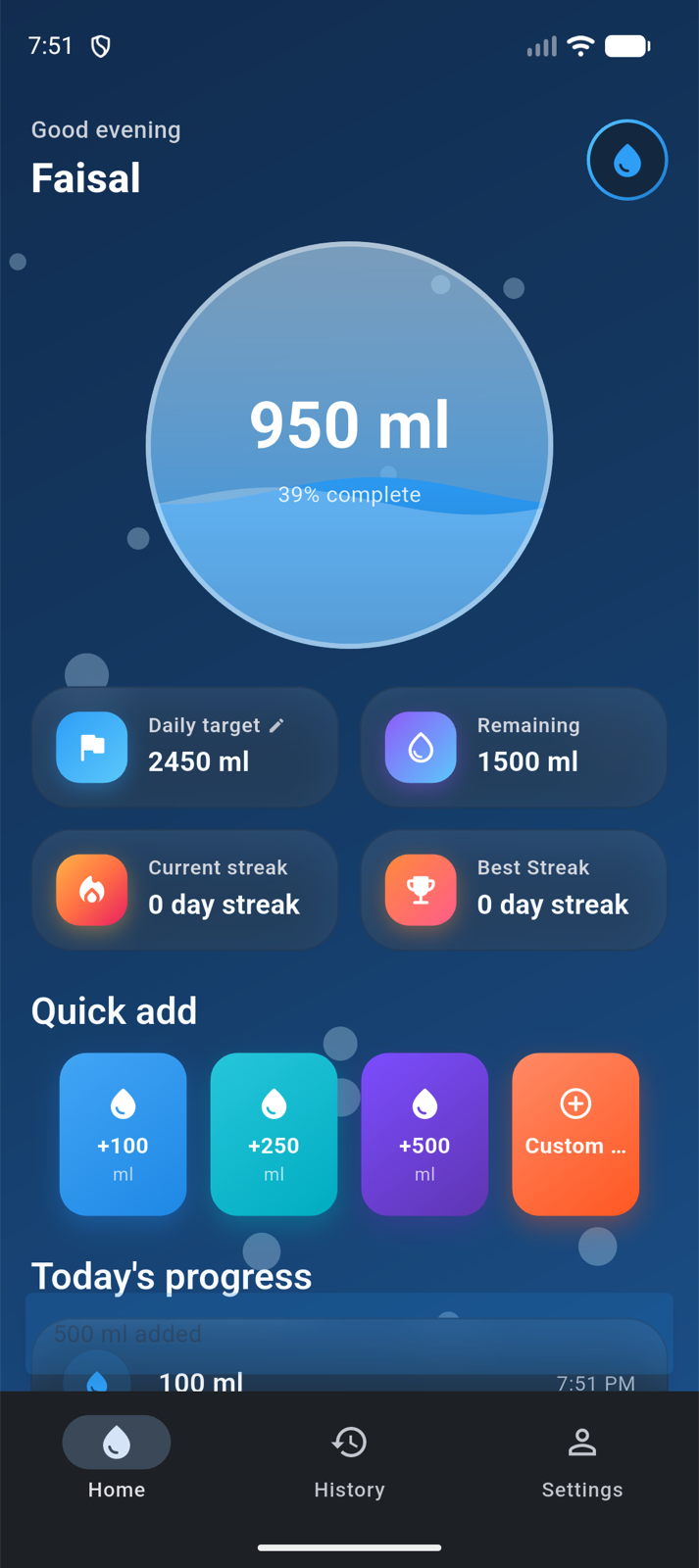 Home screen with daily progress and quick-add buttons