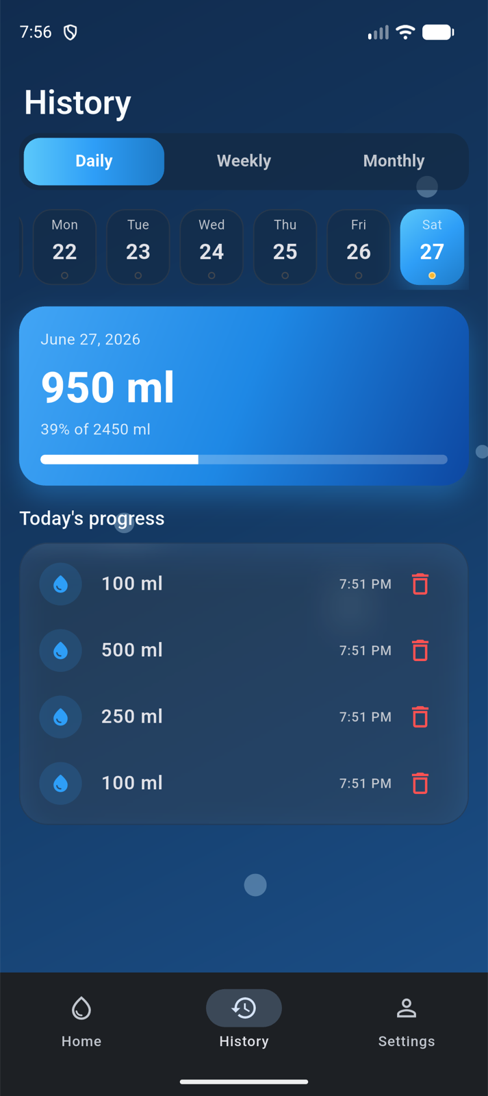 History with daily entries