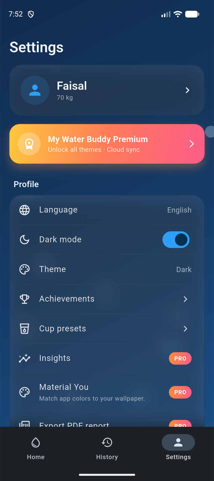Settings screen with profile and premium card